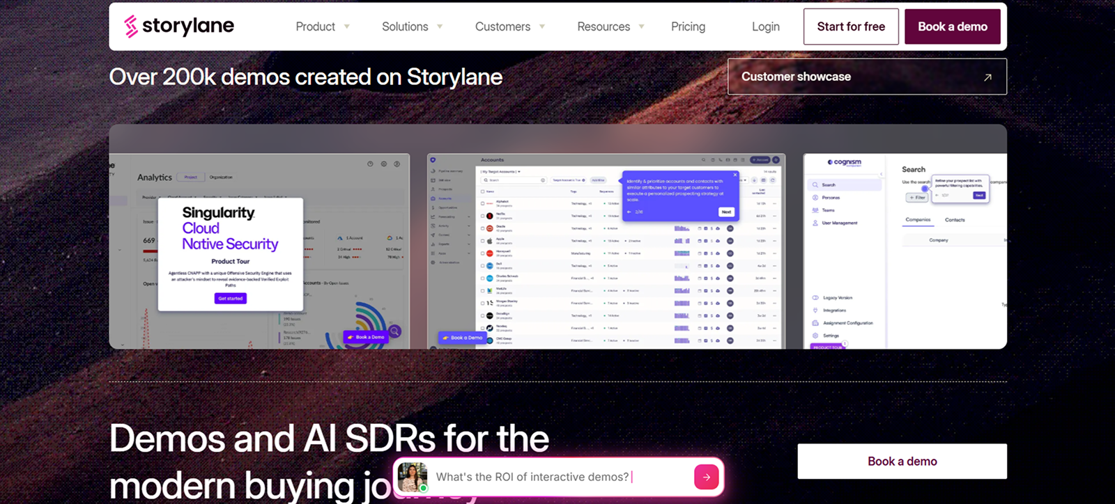 Storylane website header with navigation menu showing options for Product, Solutions, Customers, Resources, Pricing, with buttons for Start for free and Book a demo, stating over 200k demos created on Storylane, followed by a customer showcase slider displaying software dashboards and analytics interfaces, and a chat box asking 'What's the ROI of interactive demos?' with a Book a demo button below.