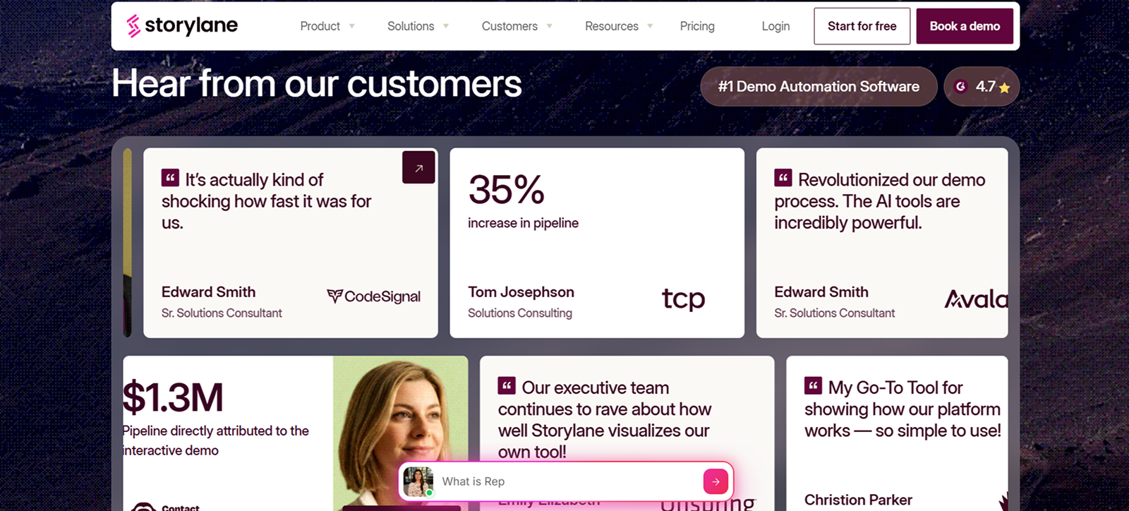 Storylane customer testimonials section with quotes praising demo automation software, showing results like 35% pipeline increase and $1.3M pipeline attributed to interactive demo, plus consultant names and company logos.