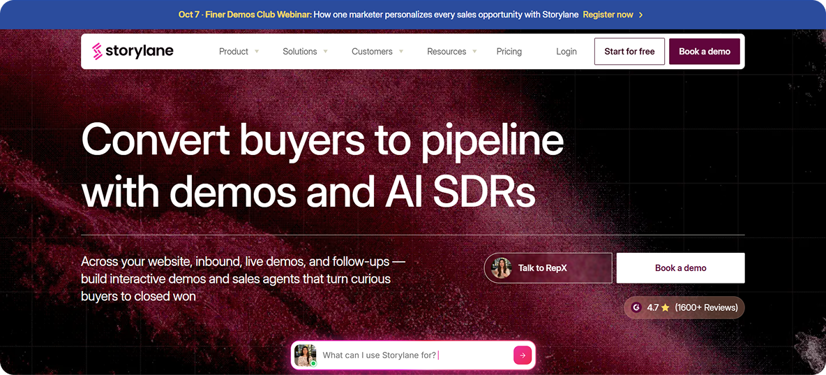 Storylane website homepage header with a banner promoting an October 7 webinar on personalizing sales opportunities, a navigation bar with product, solutions, customers, resources, pricing, login, and options to start for free or book a demo, and a main message reading 'Convert buyers to pipeline with demos and AI SDRs' over a dark red and black abstract background. Additional text highlights building interactive demos and sales agents to turn curious buyers into closed sales, with buttons to talk to a representative and book a demo, plus a rating of 4.7 stars from over 1600 reviews.