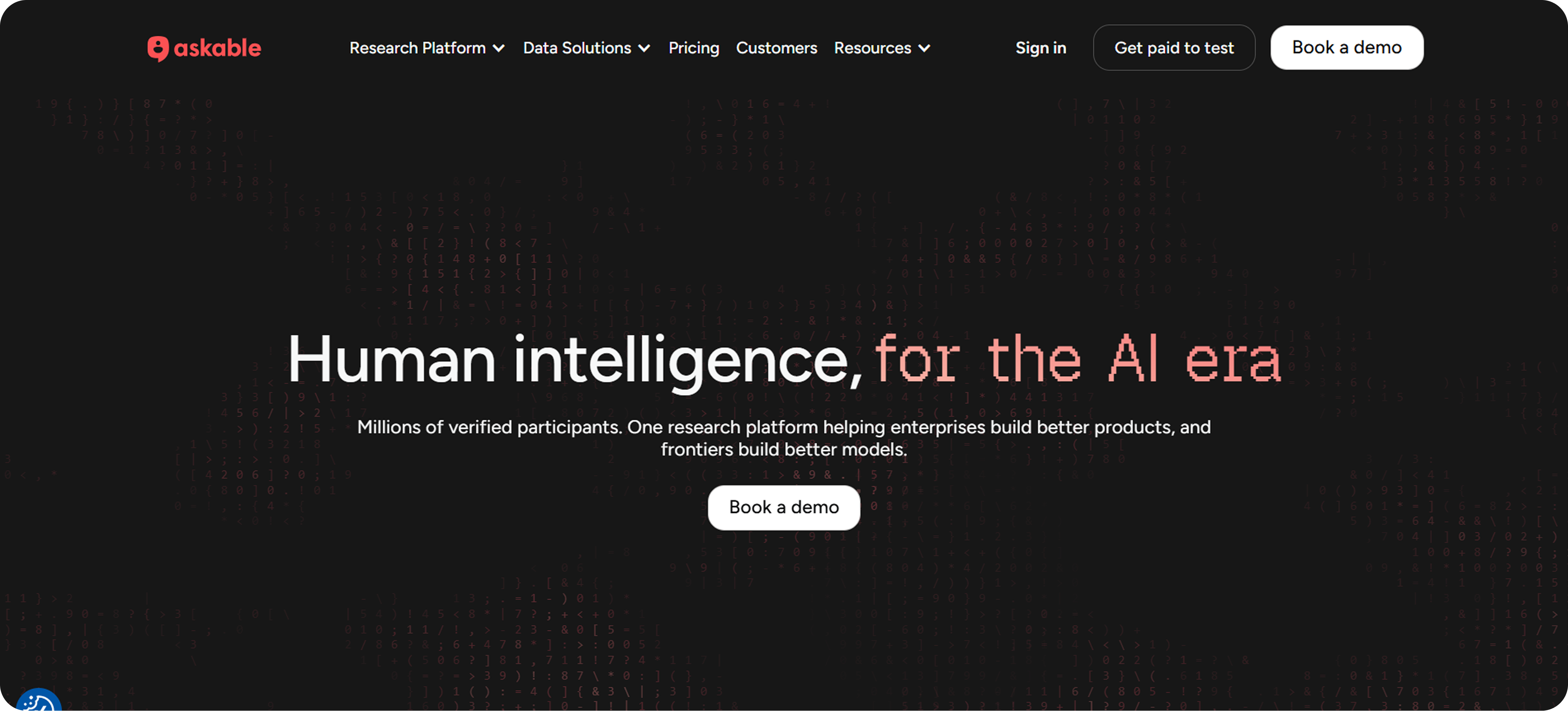 Askable website homepage with a dark background showing text: 'Human intelligence, for the AI era' and a tagline about millions of verified participants and a research platform for better products and models, with navigation menu and buttons for signing in, getting paid to test, and booking a demo.