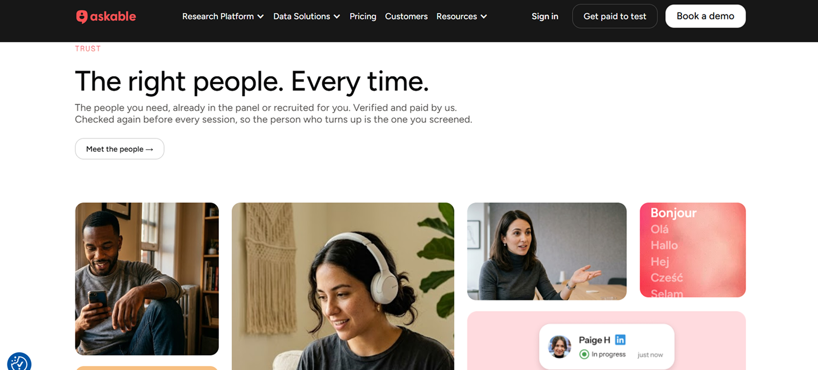 Askable website section titled 'The right people. Every time.' describing verified and paid panel members for research. Includes photos of diverse individuals using devices or in conversation, a button labeled 'Meet the people,' and a partial view of language greetings.