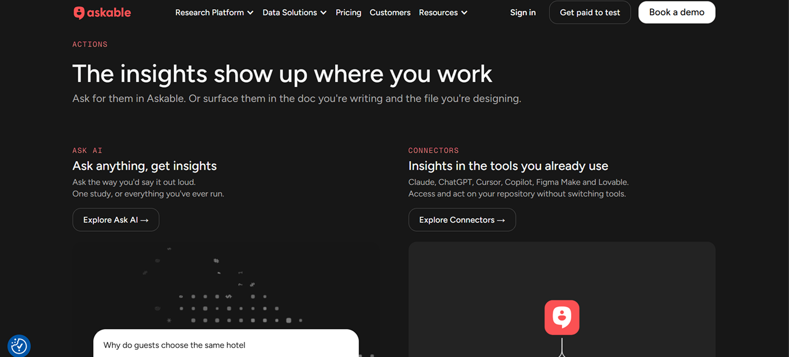 Askable website homepage showing navigation menu with options like Research Platform, Data Solutions, Pricing, Customers, Resources, and Sign in; main heading reads 'The insights show up where you work' with subtext 'Ask for them in Askable. Or surface them in the doc you're writing and the file you're designing.' Two sections below labeled Ask AI and Connectors. Ask AI section invites users to ask anything for insights with a button 'Explore Ask AI.' Connectors section highlights integration with tools like Claude, ChatGPT, Cursor, Copilot, Figma Make, and Lovable with a button 'Explore Connectors.'
