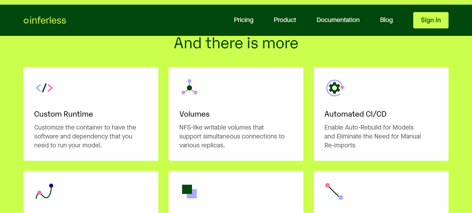 Website section titled 'And there is more' from Inferless, showing three features: Custom Runtime with code bracket icon, Volumes with molecule-like icon, and Automated CI/CD with gear and arrow icon, each with brief descriptions on a lime green background.