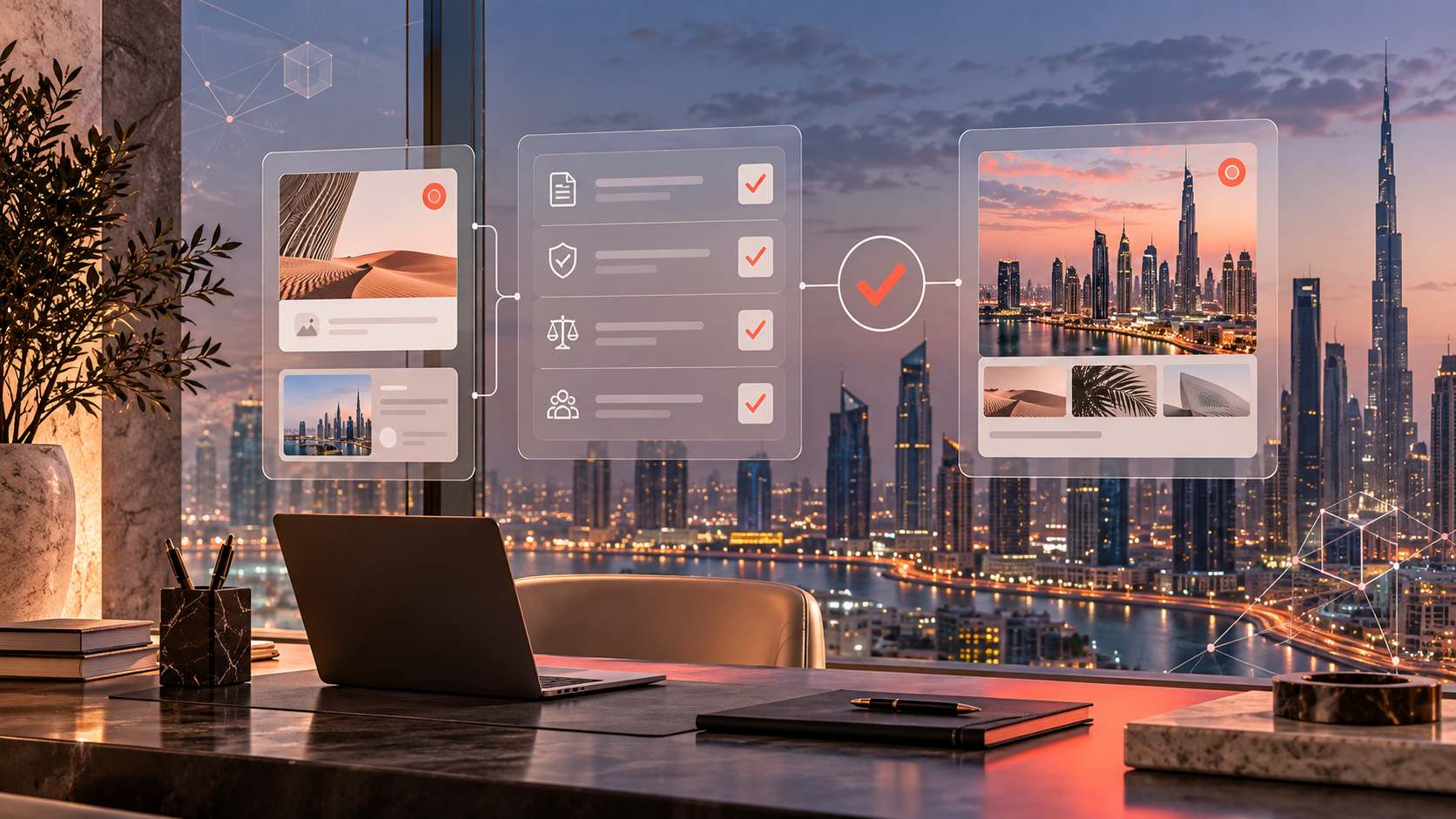 Crypto marketing compliance checklist overlooking the Dubai skyline