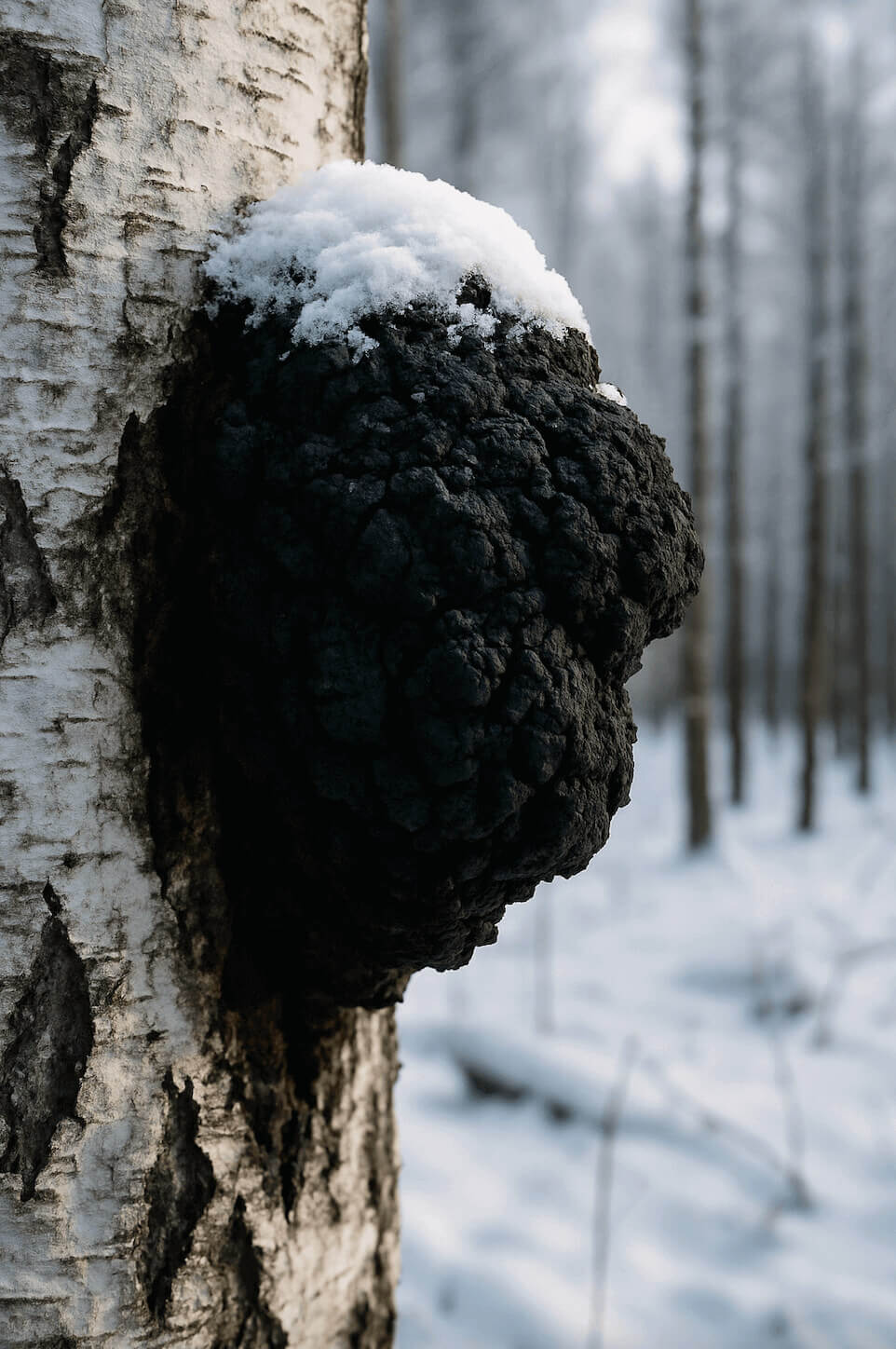Chaga mushroom growing on birch tree