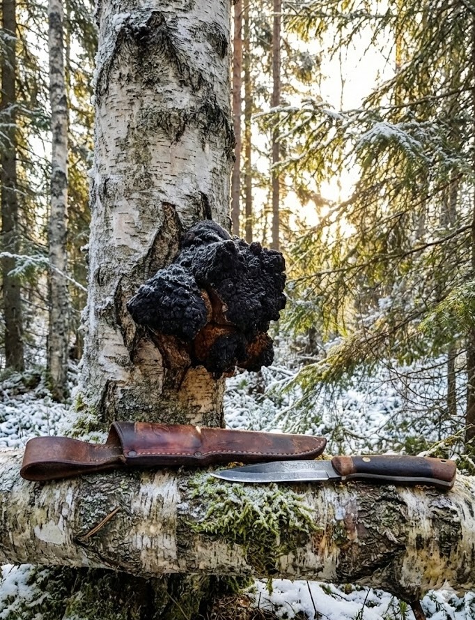 Wild Chaga growing in snow