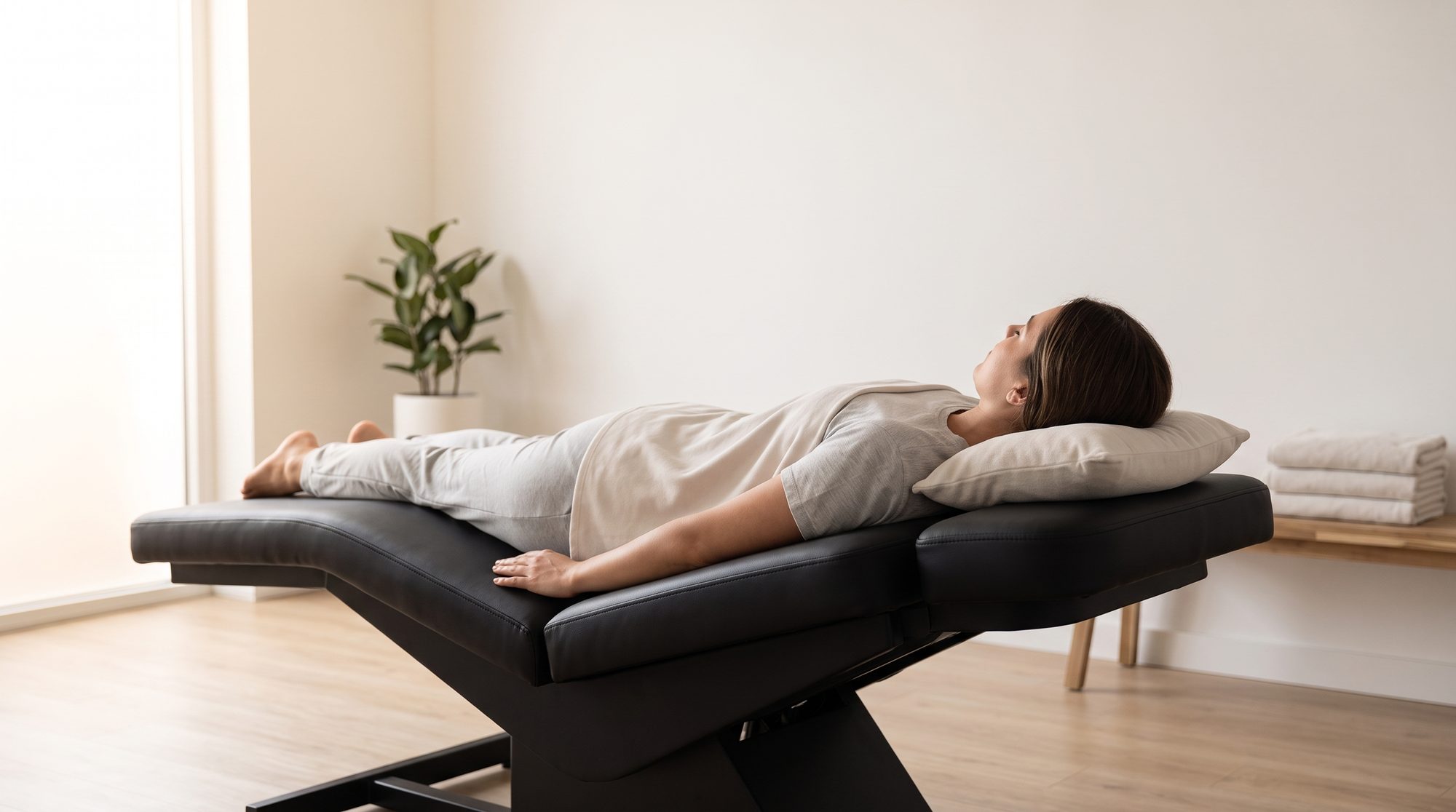 Person entspannt auf einer Therapieliege bei passiver Muskelstimulation zur Rückengesundheit