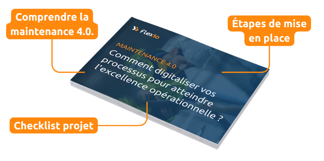 Visuel du guide "maintenance 4.0" avec des annotations : comprendre la maintenance 4.0, étapes de mise en place, checklist projet