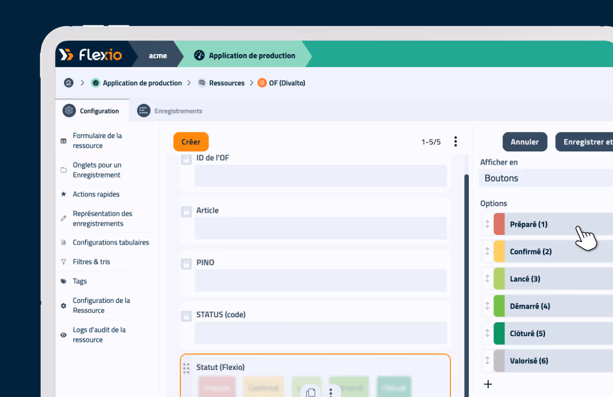 Visuel de l'interface du logiciel no-code Flexio pour la production