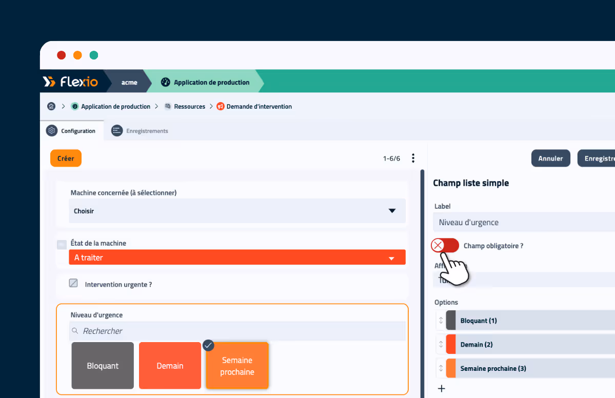 Visuel de l'interface du logiciel no-code Flexio pour la GMAO