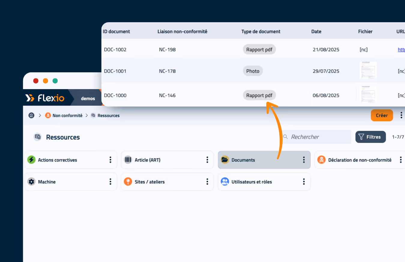 Visuel de l'interface du logiciel no-code Flexio pour l'amélioration continue : base de données