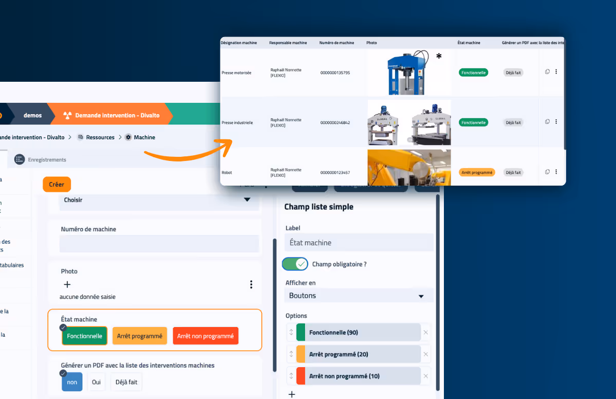 Visuel de l'interface du logiciel no-code Flexio pour la GMAO