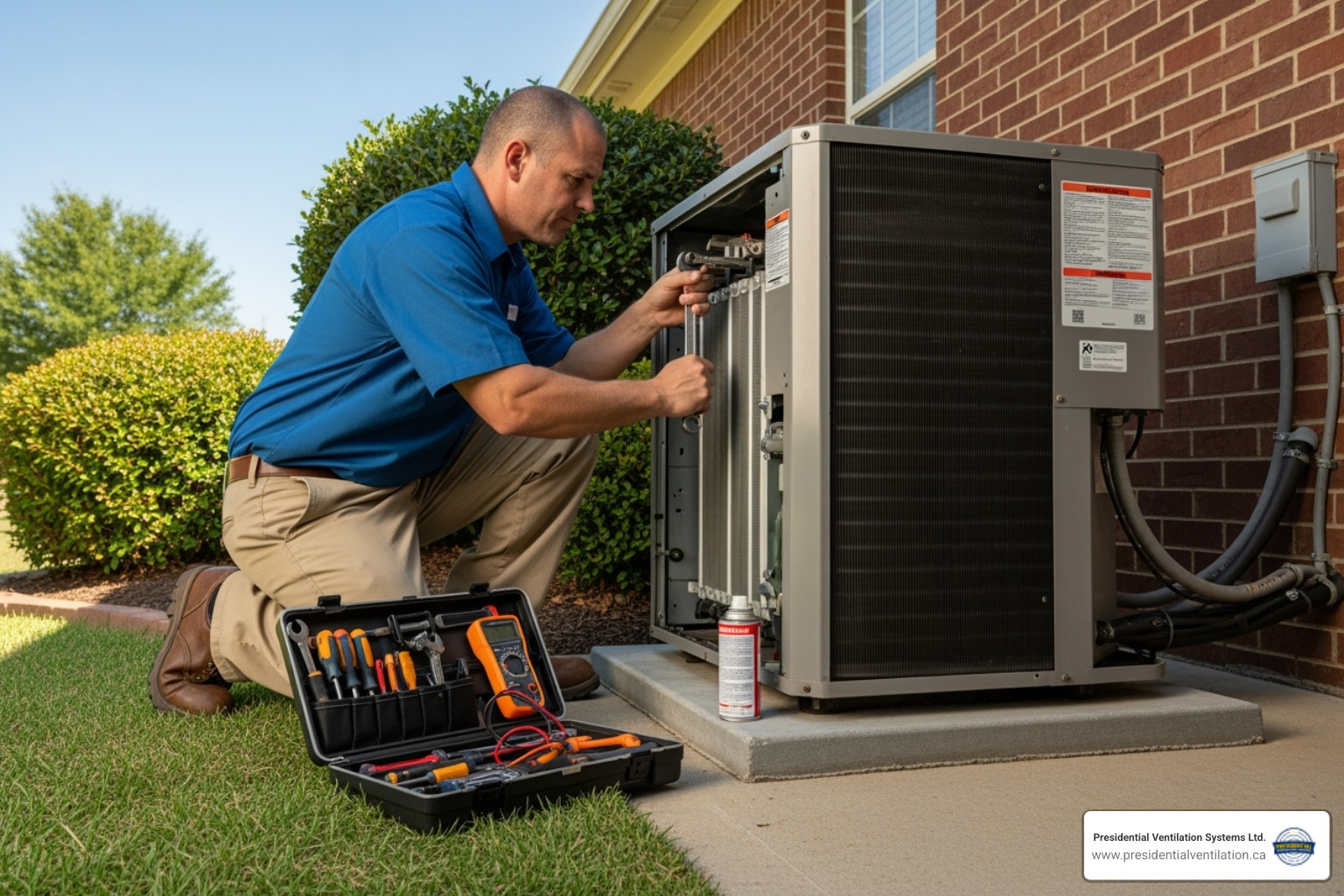 Technician performing annual AC maintenance - Air conditioner not working