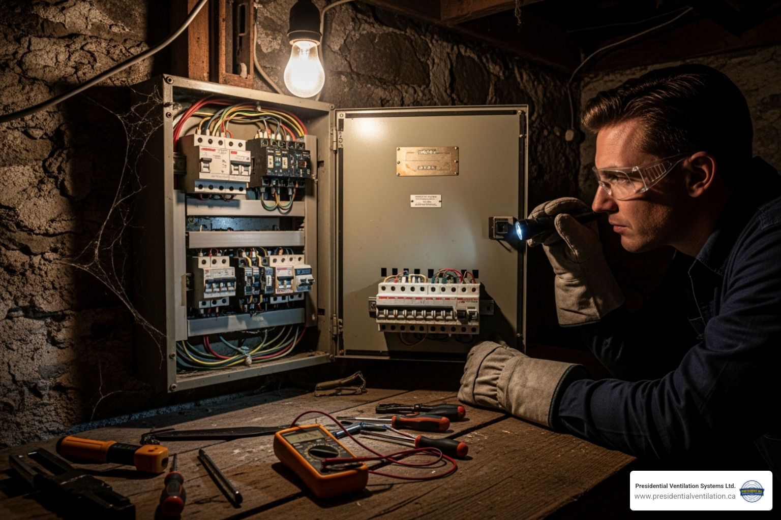 electrician safely inspecting an older electrical system - electrical services Mount Uniacke