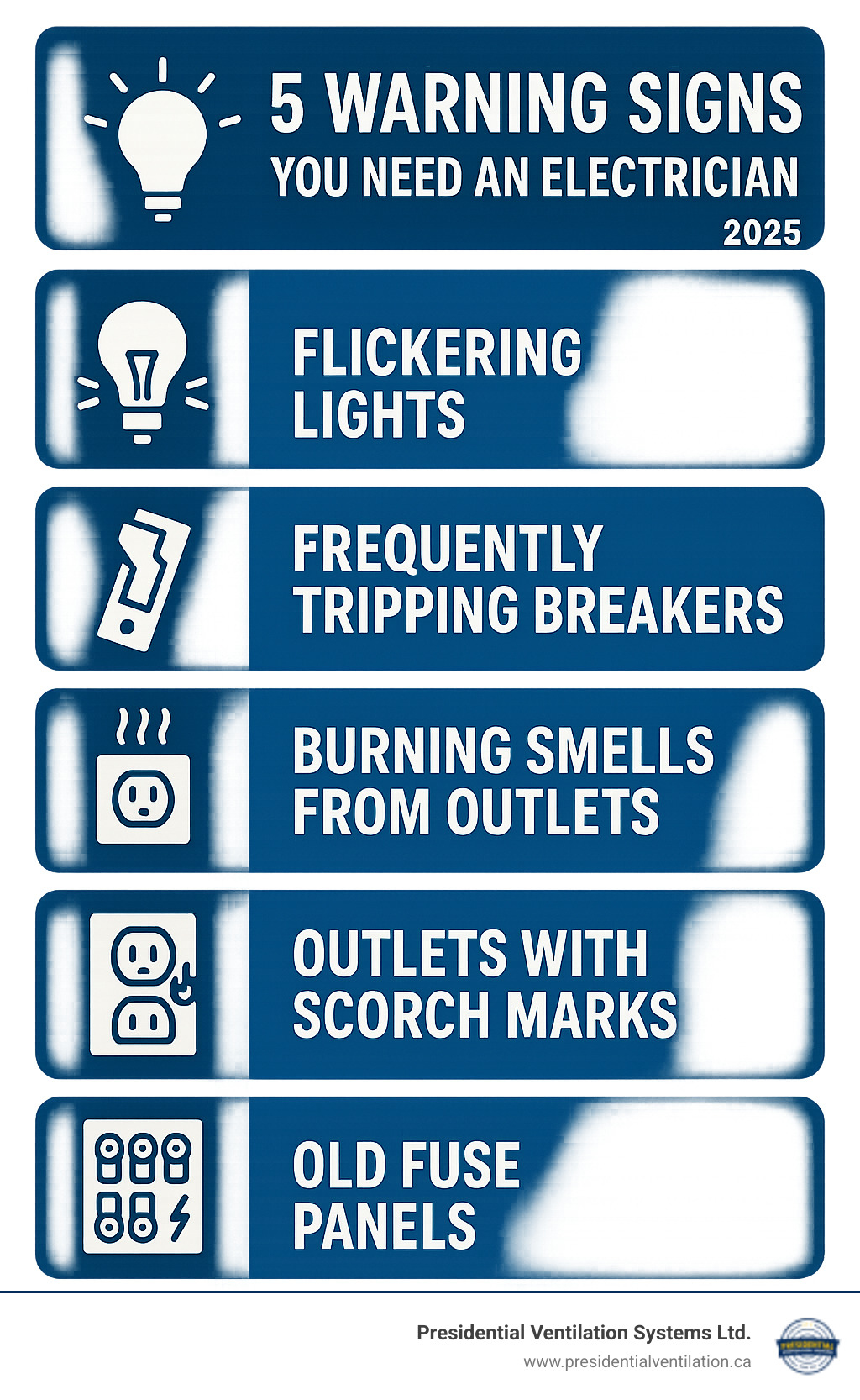 Infographic showing 5 warning signs you need an electrician: flickering lights, frequently tripping breakers, burning smells from outlets, outlets with scorch marks, and old fuse panels that need upgrading to modern breaker systems - electrical services Mount Uniacke infographic 