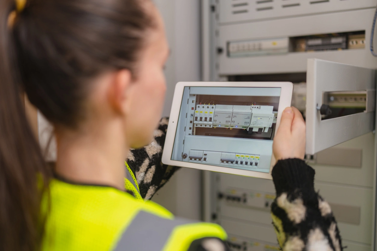 A woman in a yellow safety vest holds a tablet displaying an electrical panel