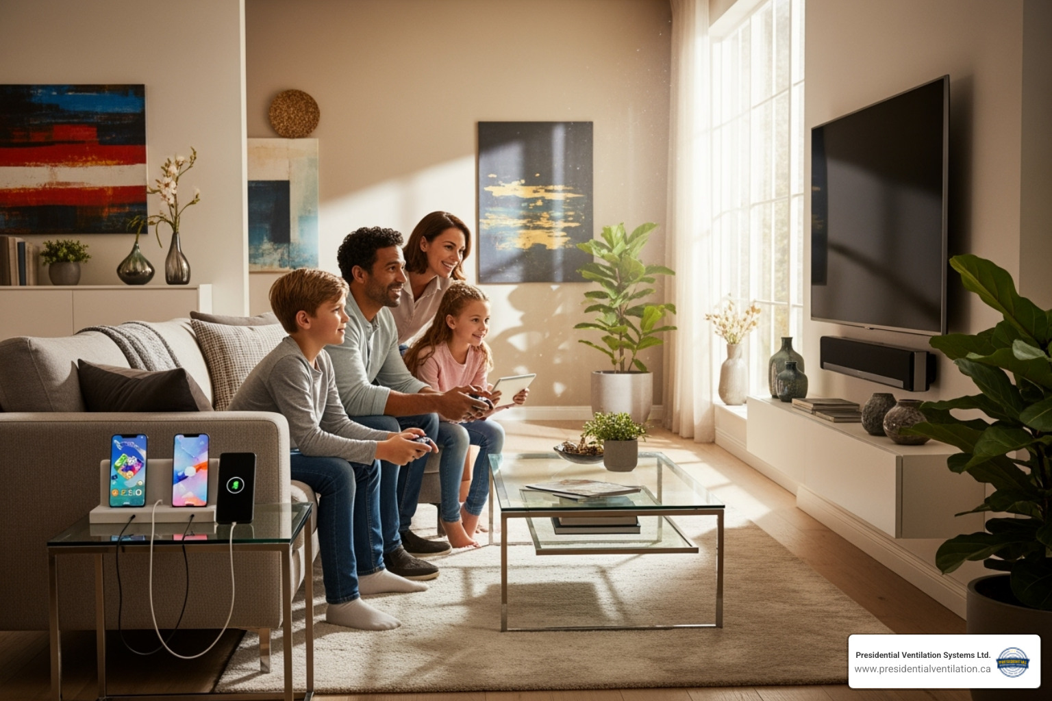 A happy family enjoying a brightly lit and comfortable living room, surrounded by modern electronics, symbolizing the improved comfort and functionality after an electrical service upgrade. - electrical service upgrade