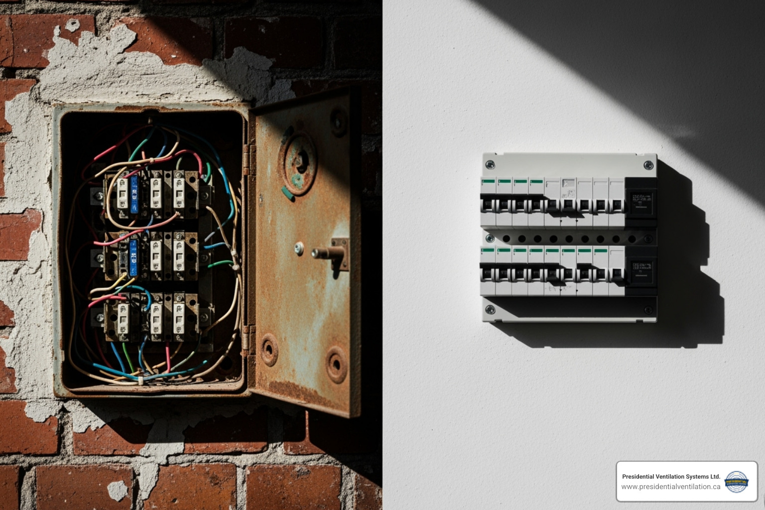 An old, rusty fuse box on the left contrasts sharply with a sleek, modern circuit breaker panel on the right, symbolizing the evolution and necessity of electrical upgrades. - electrical service upgrade