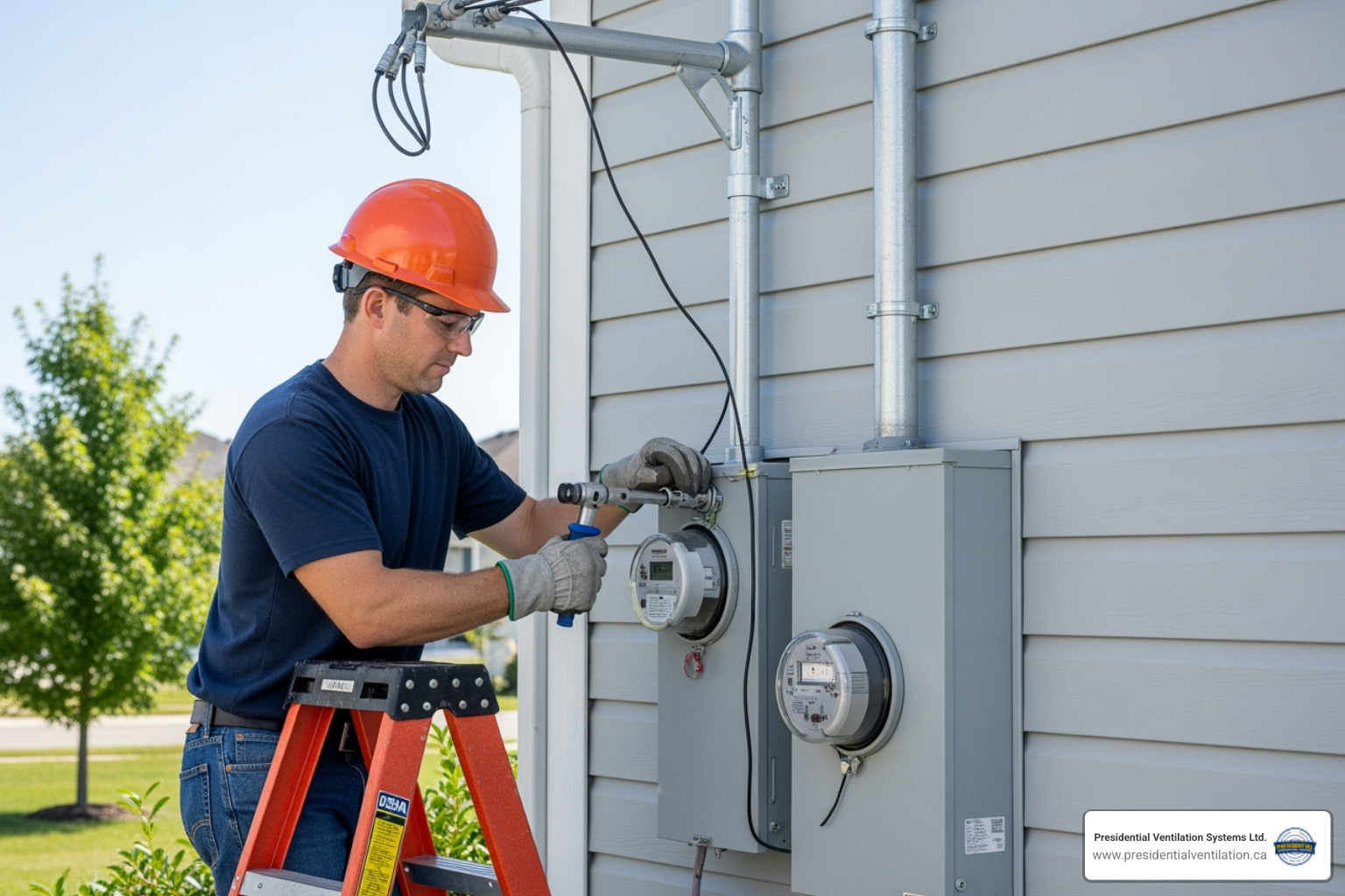 An electrician safely working on an exterior service mast and meter base, demonstrating the careful and professional execution required for an electrical service upgrade. - electrical service upgrade