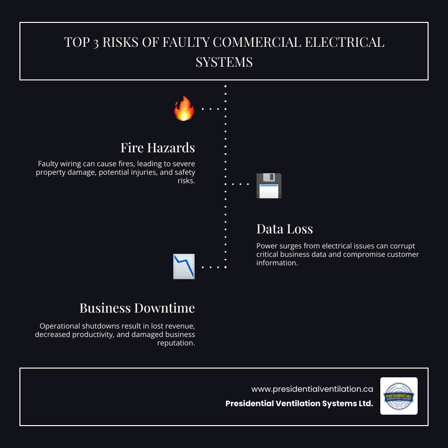 Infographic showing the top 3 risks of faulty commercial electrical systems: fire hazards leading to property damage and potential injuries, data loss from power surges affecting computer systems and customer information, and business downtime resulting in lost revenue and damaged reputation - commercial electrical repairs infographic infographic-line-3-steps-dark