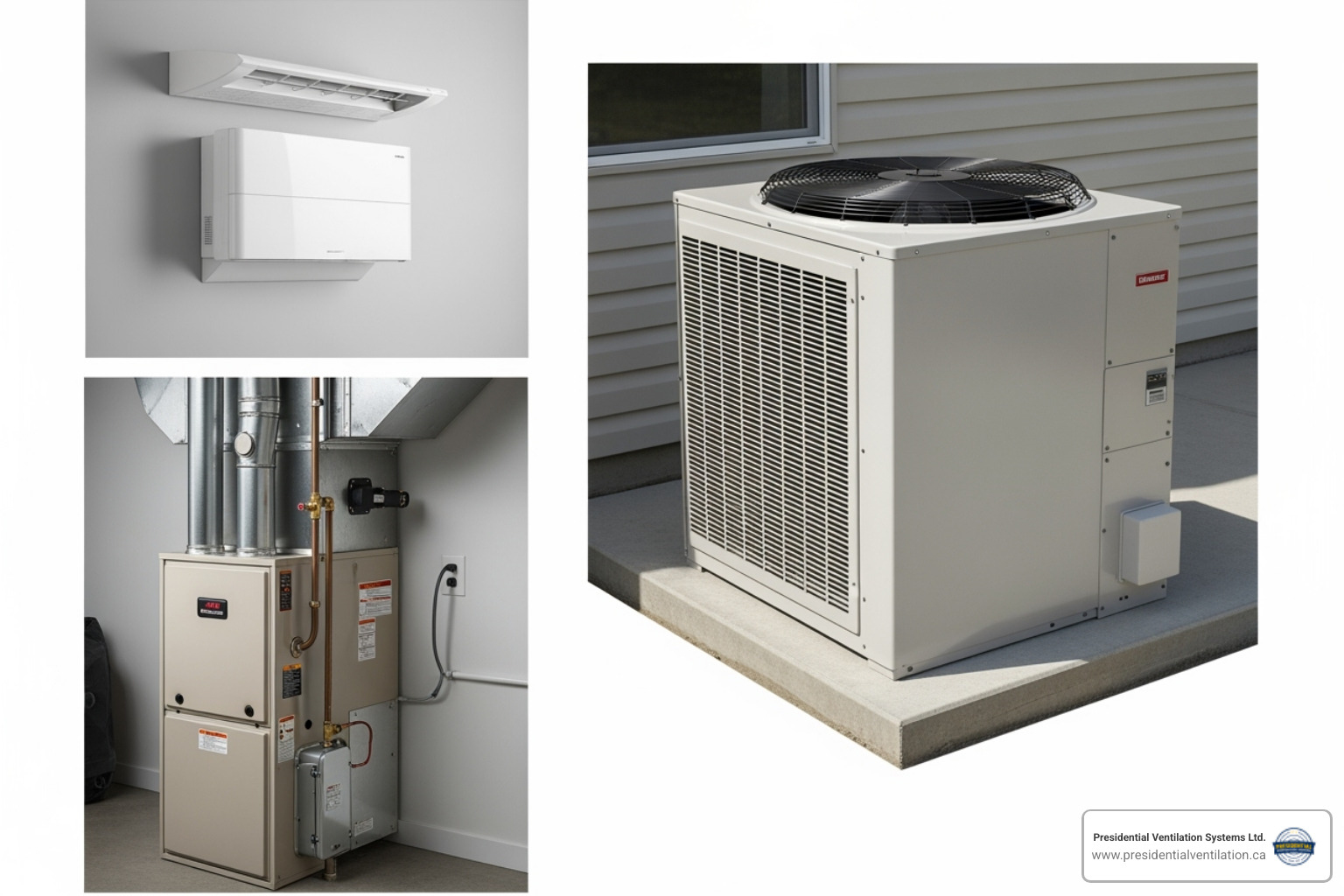 Different HVAC units like a ductless mini-split, a furnace, and an outdoor heat pump unit - hvac truro