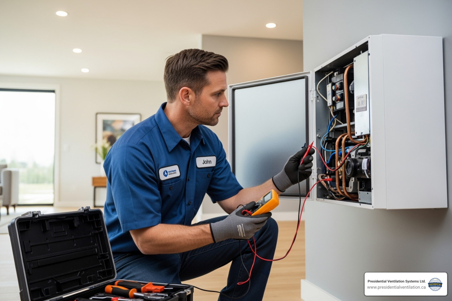 technician inspecting indoor unit - heat pump annual maintenance