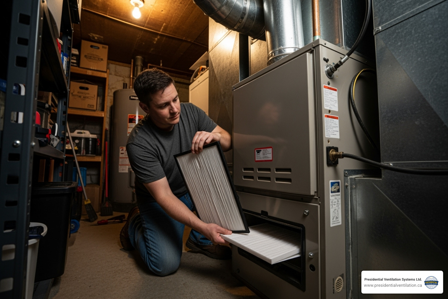 homeowner changing air filter - heat pump annual maintenance