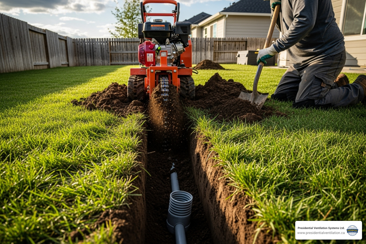 a trench being dug for electrical conduit in a backyard - Hot tub wiring