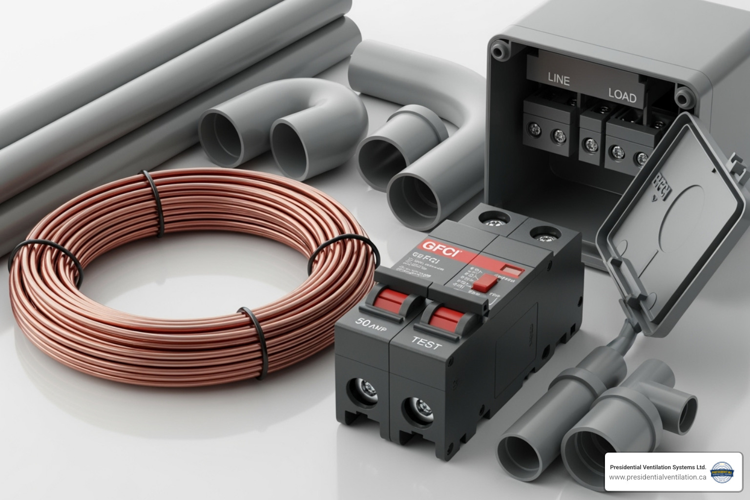 essential hot tub wiring components: #6 gauge copper wire, PVC conduit, a GFCI breaker, and a disconnect box. - Hot tub wiring