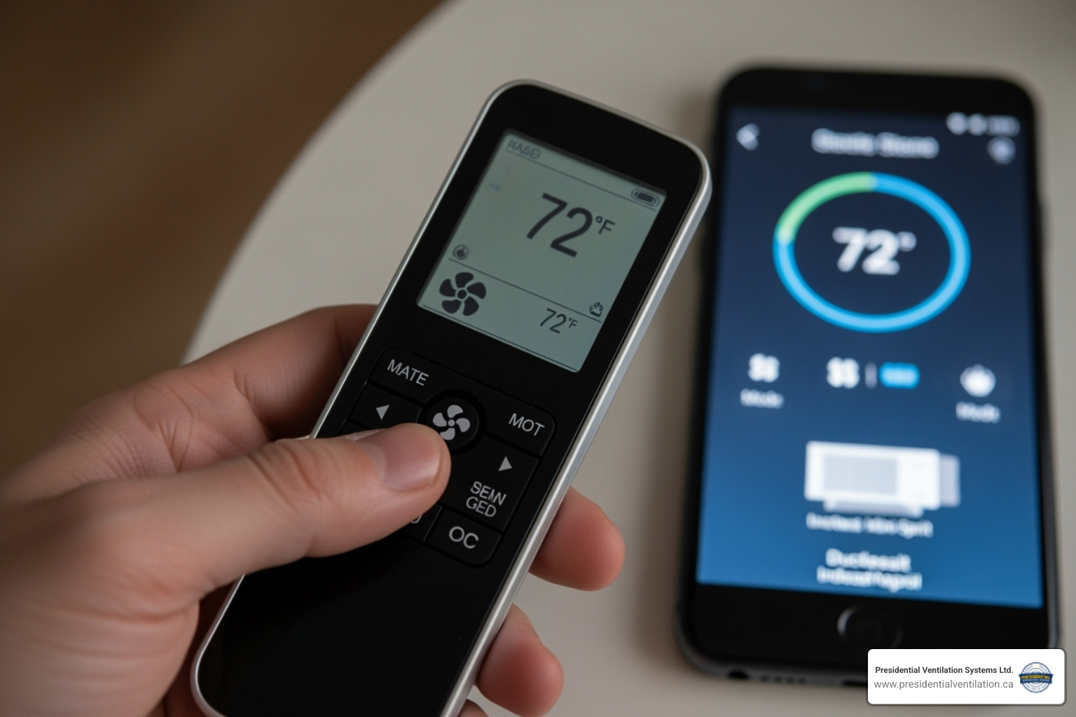 remote control and smartphone app controlling a ductless system - ductless heat pump benefits