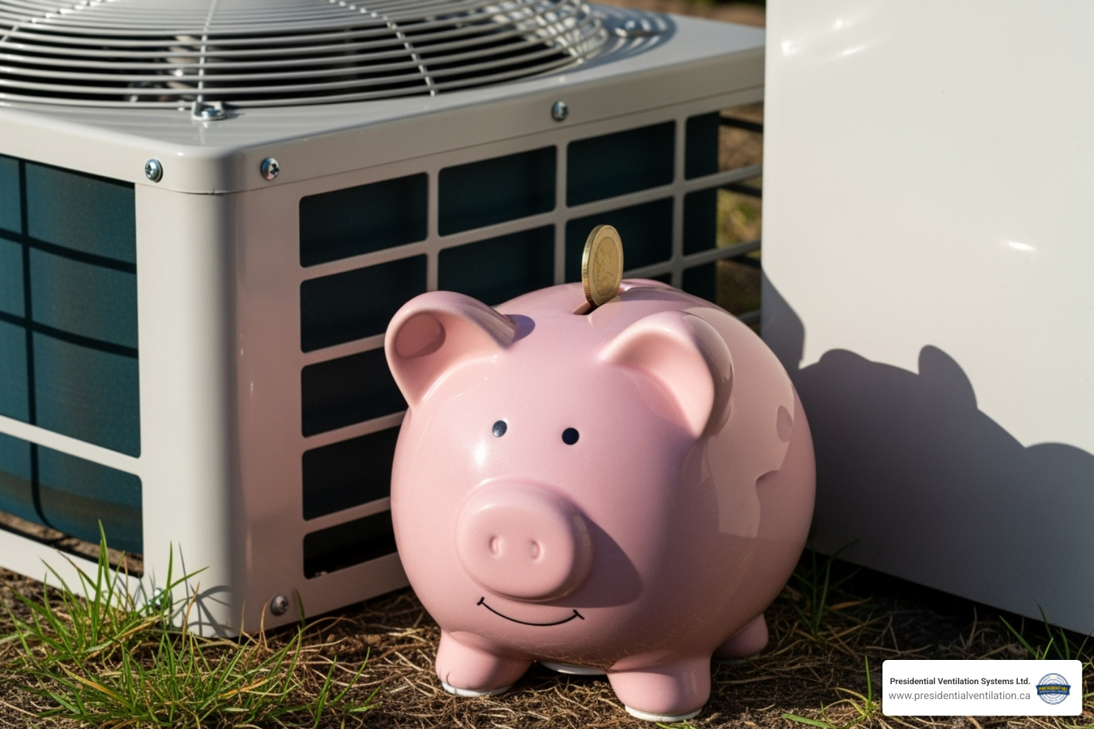 A piggy bank next to a heat pump, symbolizing savings - Heat pump service plans