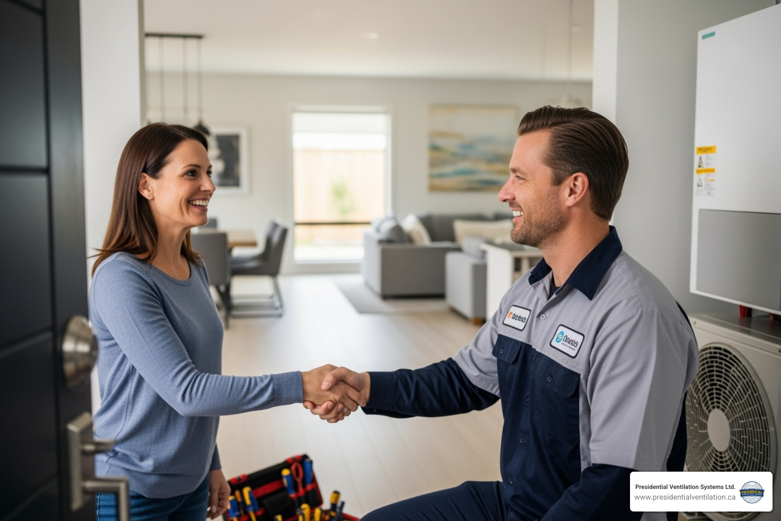 A friendly technician shaking a customer's hand - Heat pump service plans