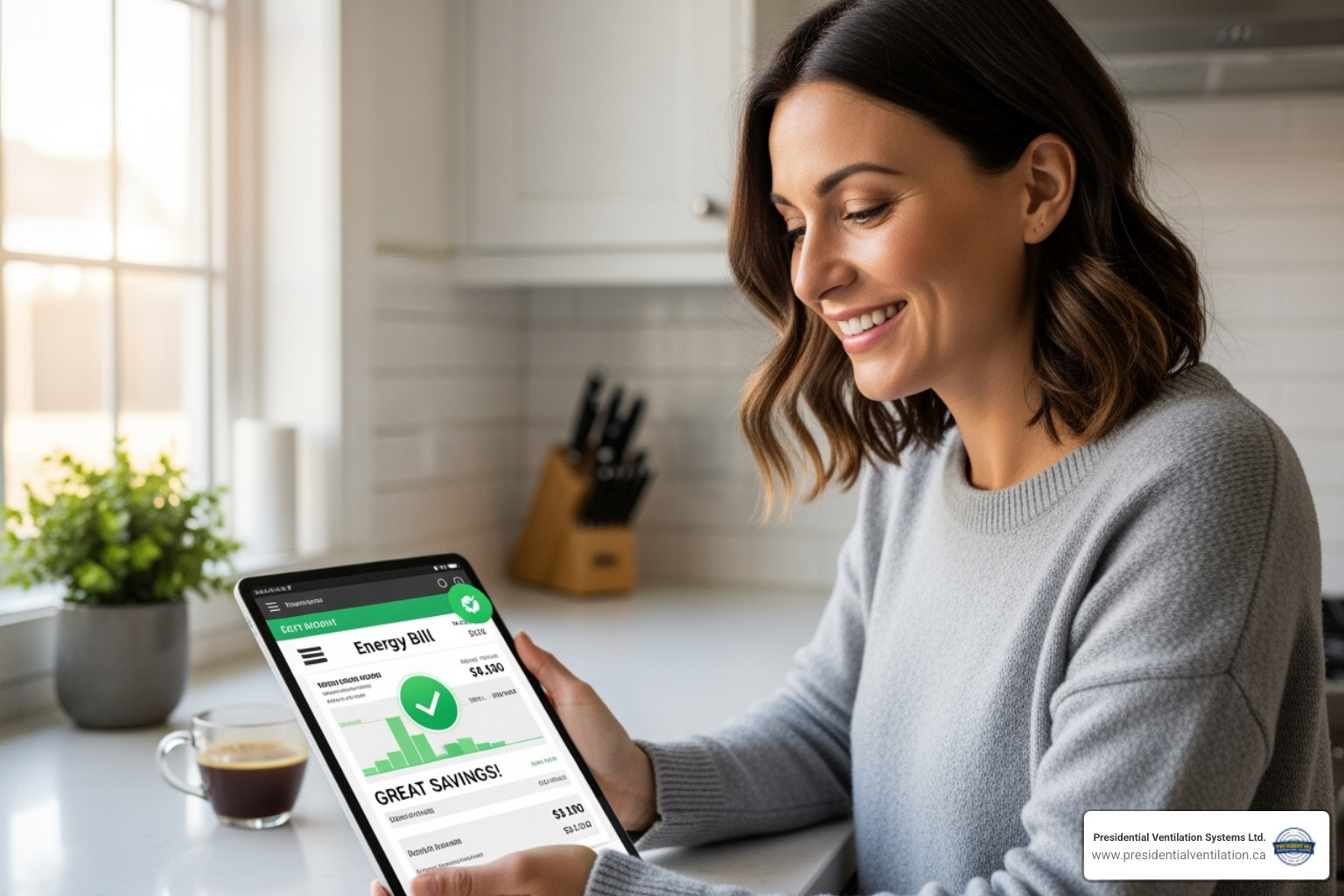 Homeowner smiling at a lower energy bill on their tablet - HRV system benefits
