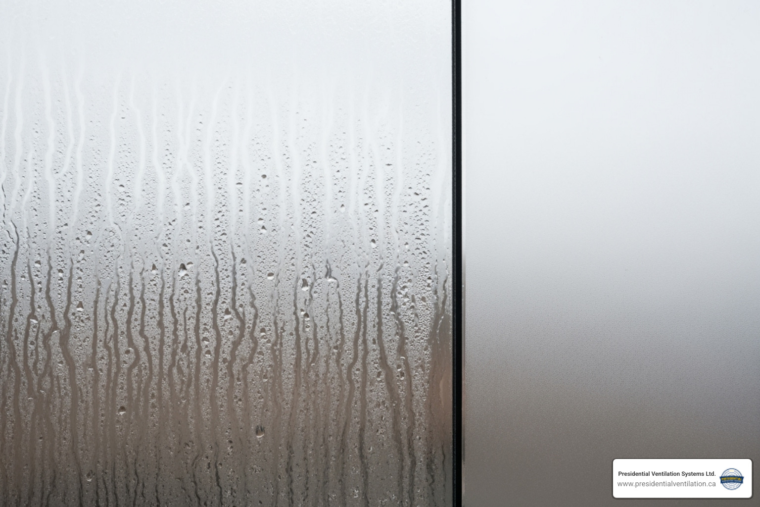 Condensation on a window next to a clear, condensation-free window - HRV system benefits