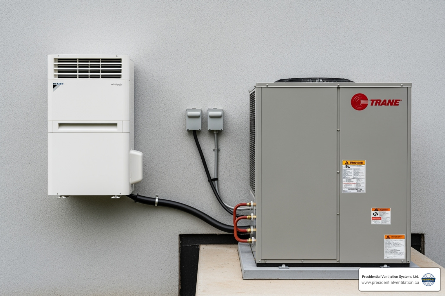Ductless mini-split unit and outdoor central ducted unit side-by-side - heat pump installation halifax
