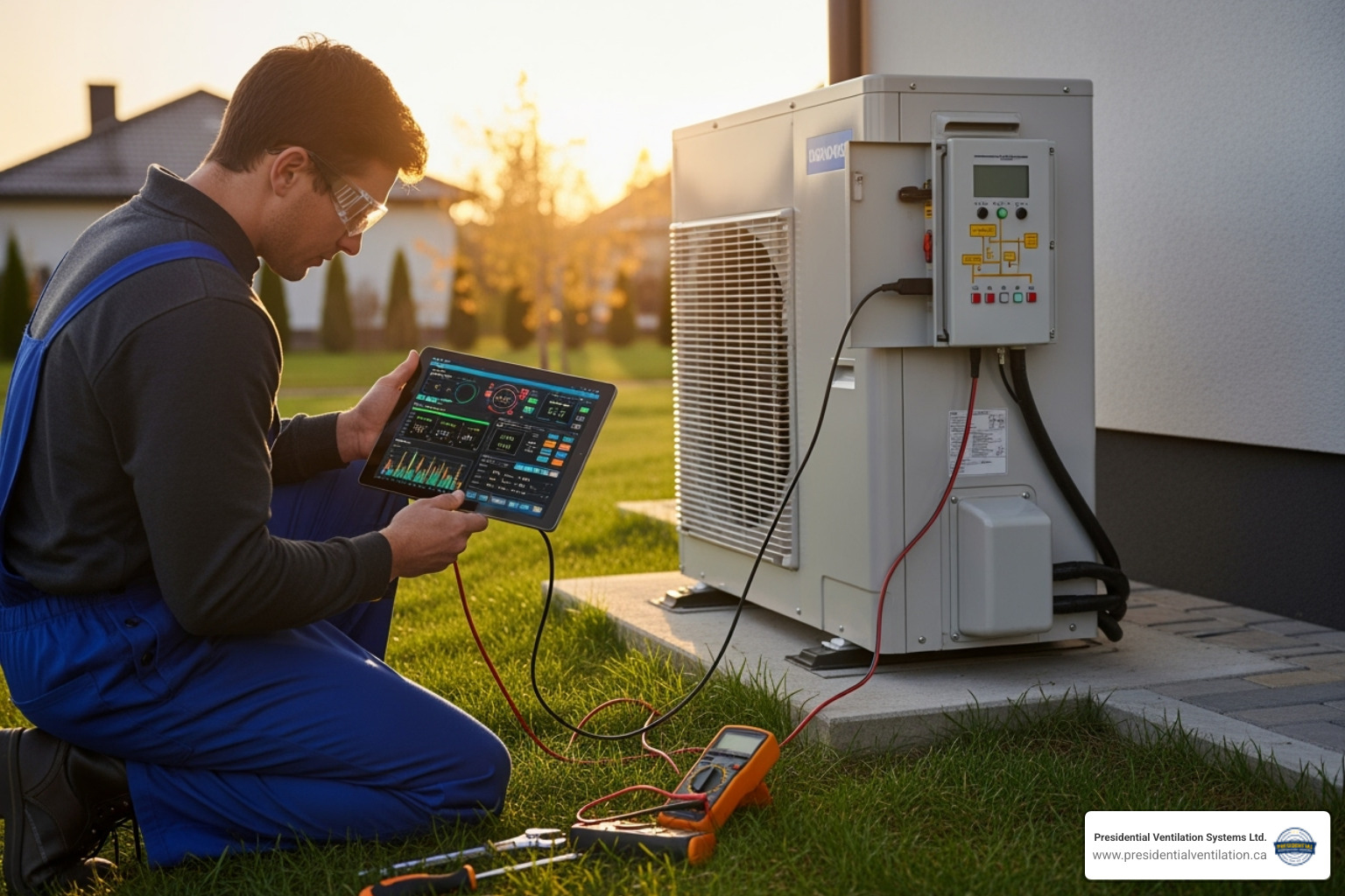 technician diagnosing a heat pump with a tablet - heat pump repair halifax