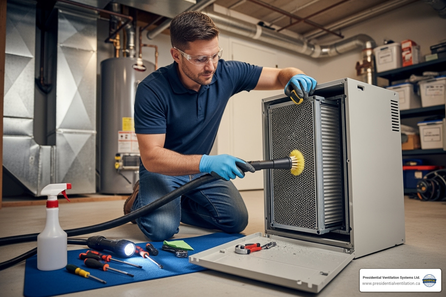 certified technician cleaning an air exchanger core - air exchanger services dartmouth