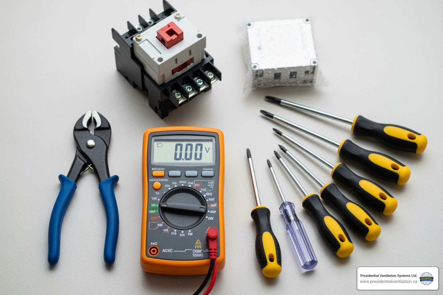 Layout of tools for heat pump repair, including a multimeter, screwdrivers, pliers, and a new contactor - heat pump contactor replacement