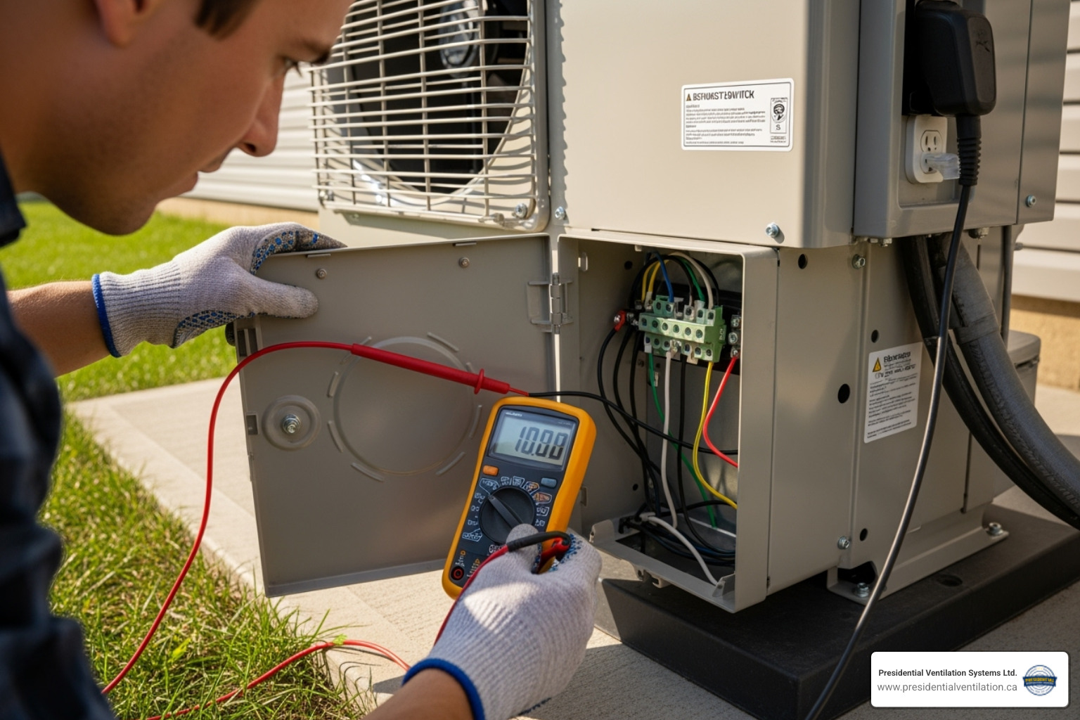 Multimeter testing for power at the electrical disconnect of a heat pump unit - heat pump contactor replacement