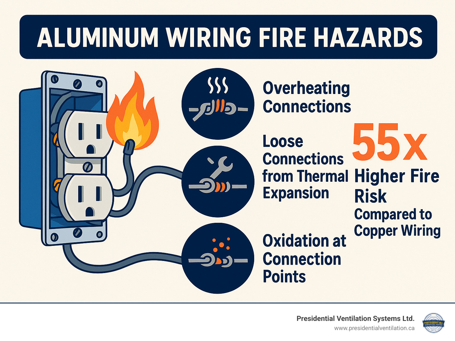 Infographic showing aluminum wiring fire hazards including overheating connections, loose connections from thermal expansion, oxidation at connection points, and statistics showing 55x higher fire risk compared to copper wiring - Aluminum wiring remediation infographic 