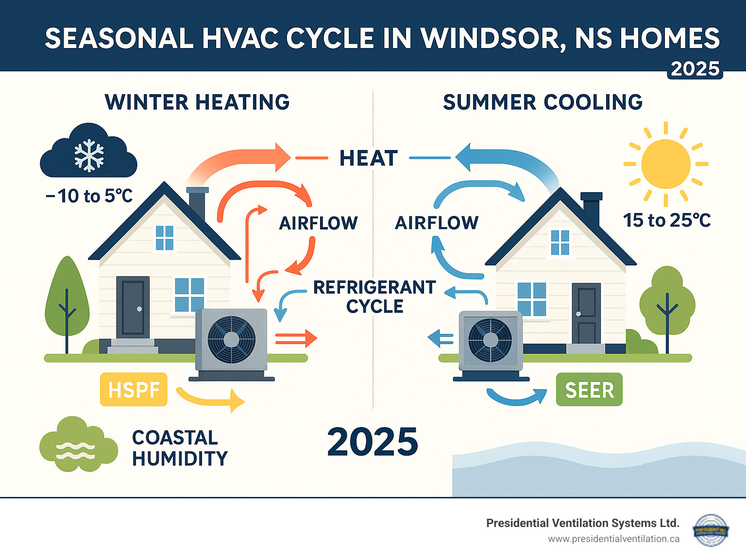 Comprehensive infographic showing the seasonal HVAC cycle in Windsor NS homes, including heat pump operation in winter heating mode and summer cooling mode, with arrows indicating airflow, refrigerant cycles, and energy efficiency ratings, plus local climate considerations like coastal humidity and temperature ranges - heating and cooling windsor infographic 