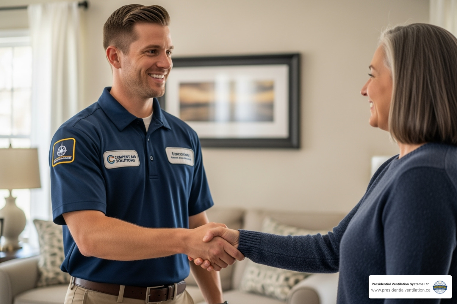 professional, friendly technician shaking a homeowner's hand - heating and cooling windsor