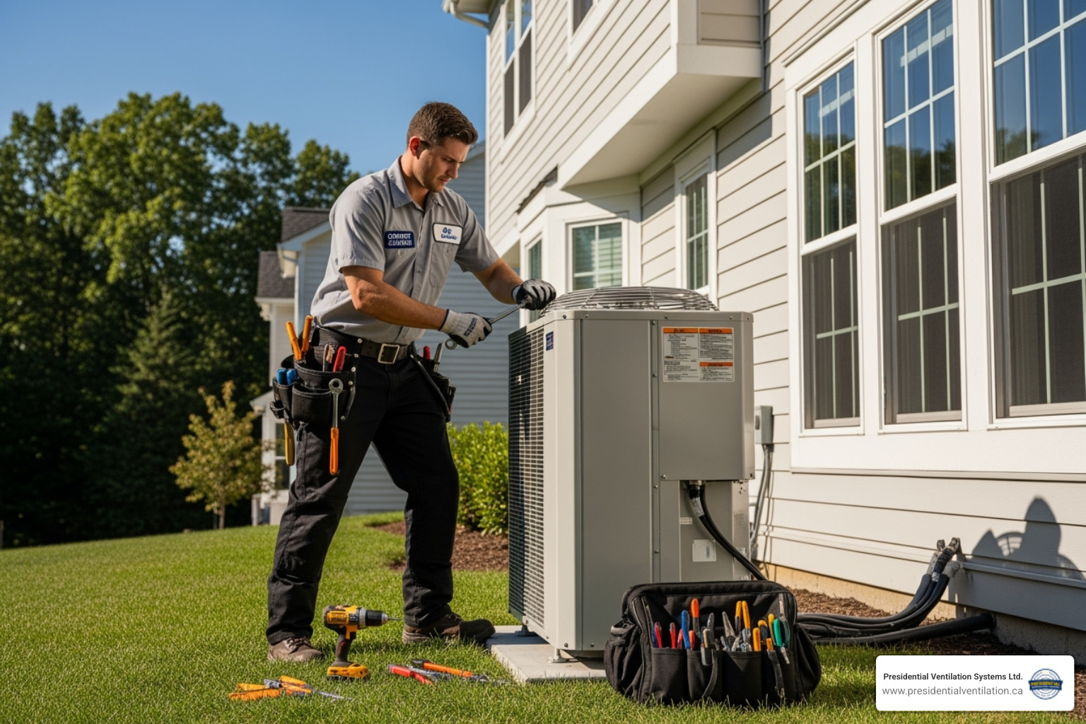certified technician mounting outdoor condenser unit - ductless heat pump installation
