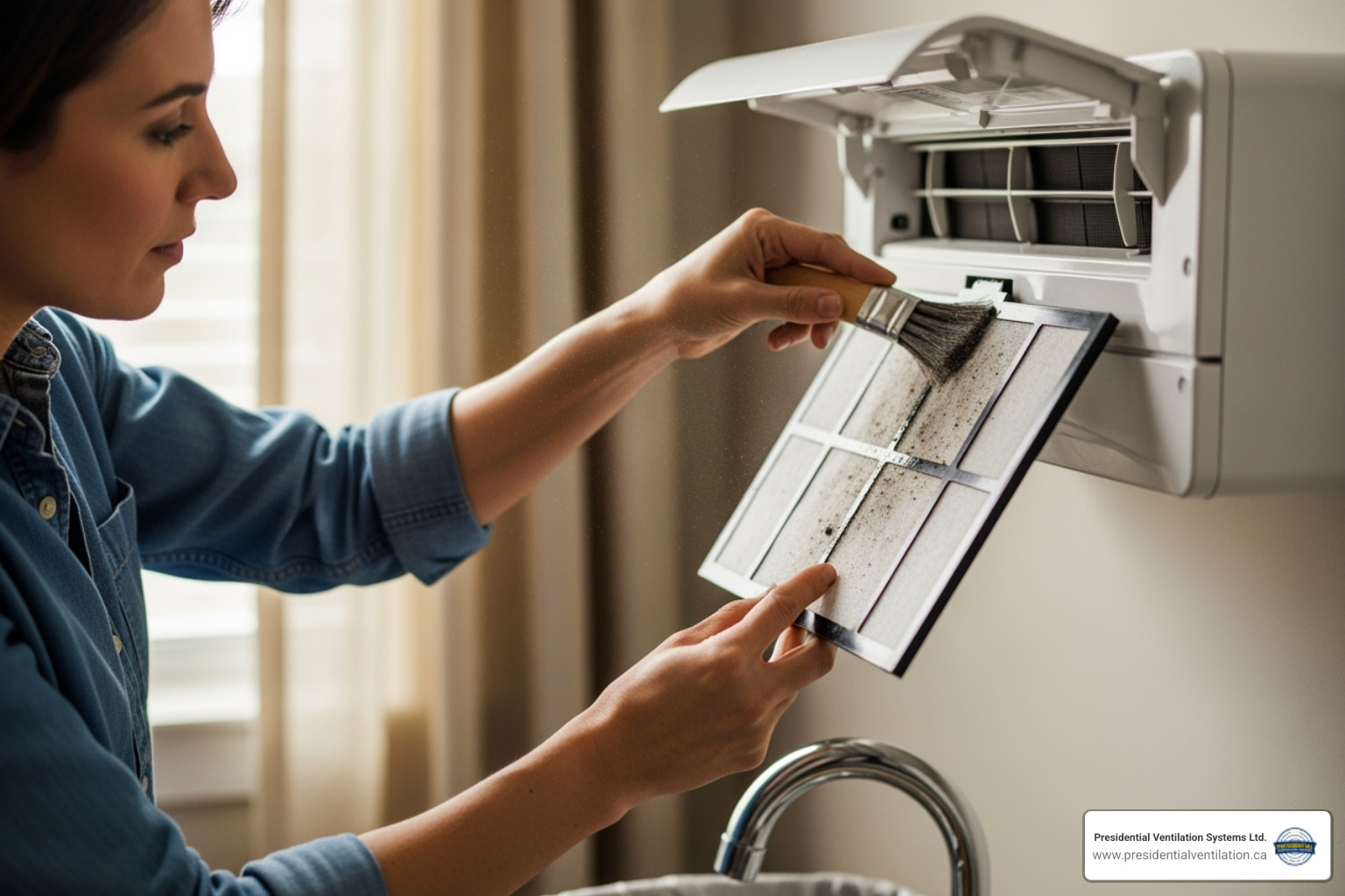 homeowner cleaning ductless unit filter - ductless heat pump installation