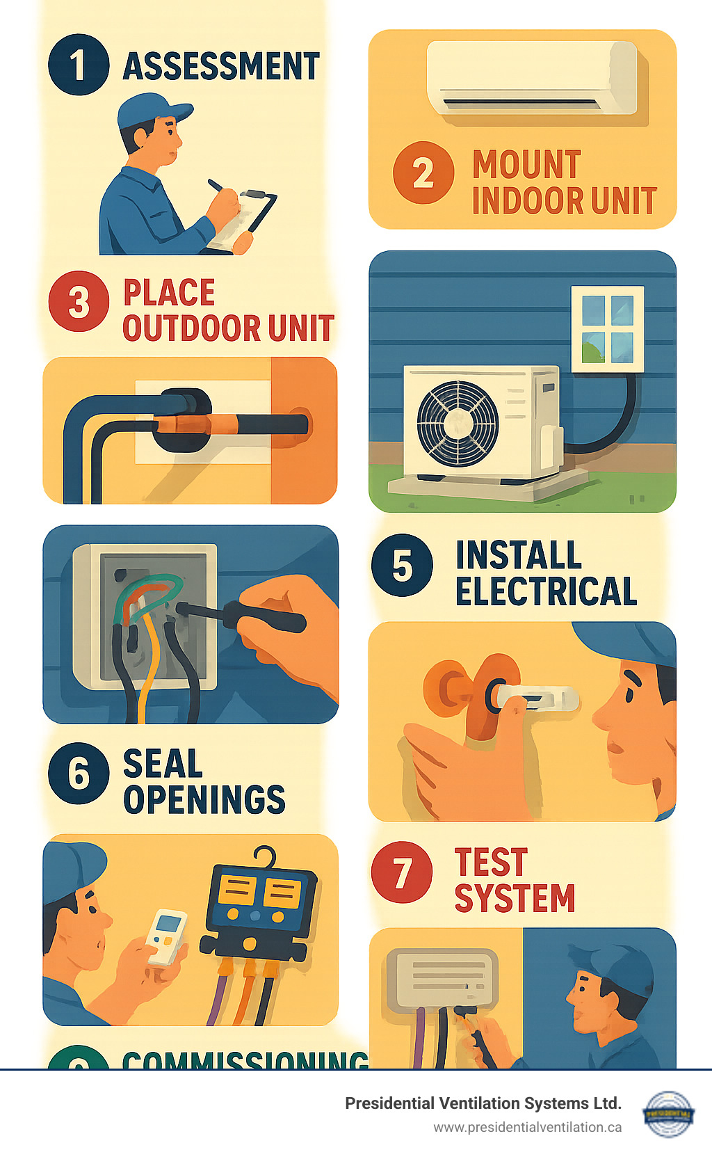 Comprehensive infographic showing the complete ductless heat pump installation process from initial assessment through final testing, including indoor and outdoor unit placement, refrigerant line connection, electrical hookup, and system commissioning steps - ductless heat pump installation infographic 