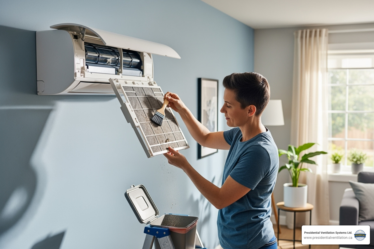 Homeowner cleaning a mini-split air filter - Daikin mini split maintenance