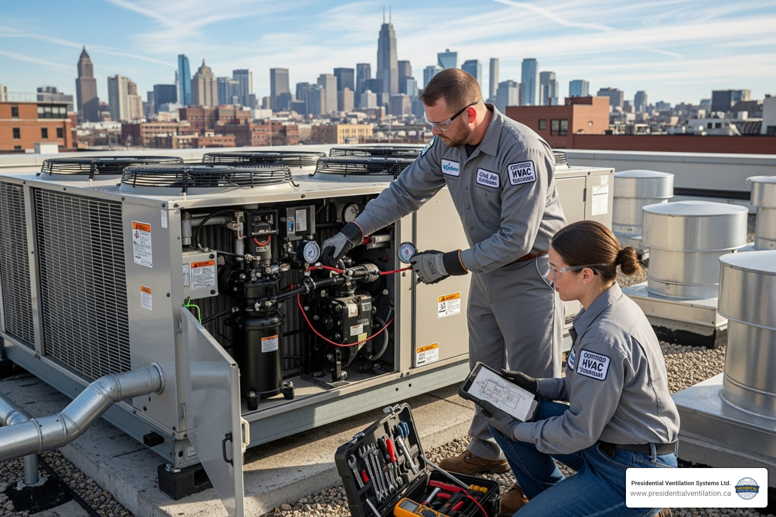certified technicians working on a large commercial rooftop HVAC unit - commercial hvac bedford