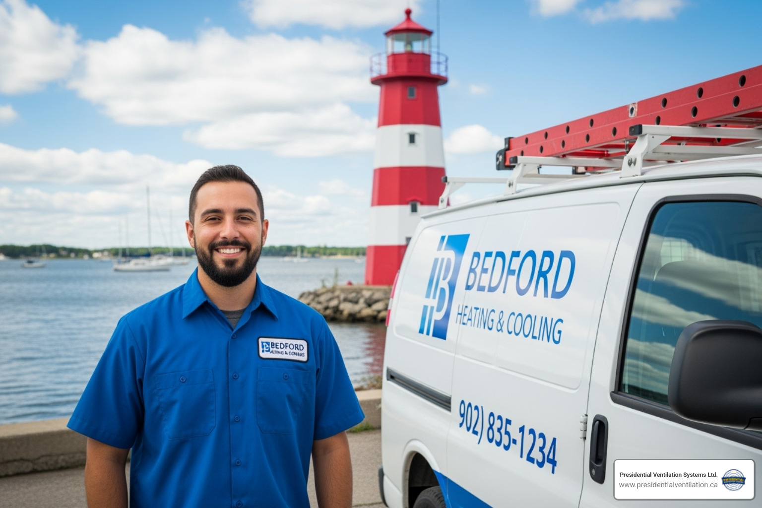 friendly technician in a branded van with a recognizable Bedford, NS, landmark in the background - commercial hvac bedford