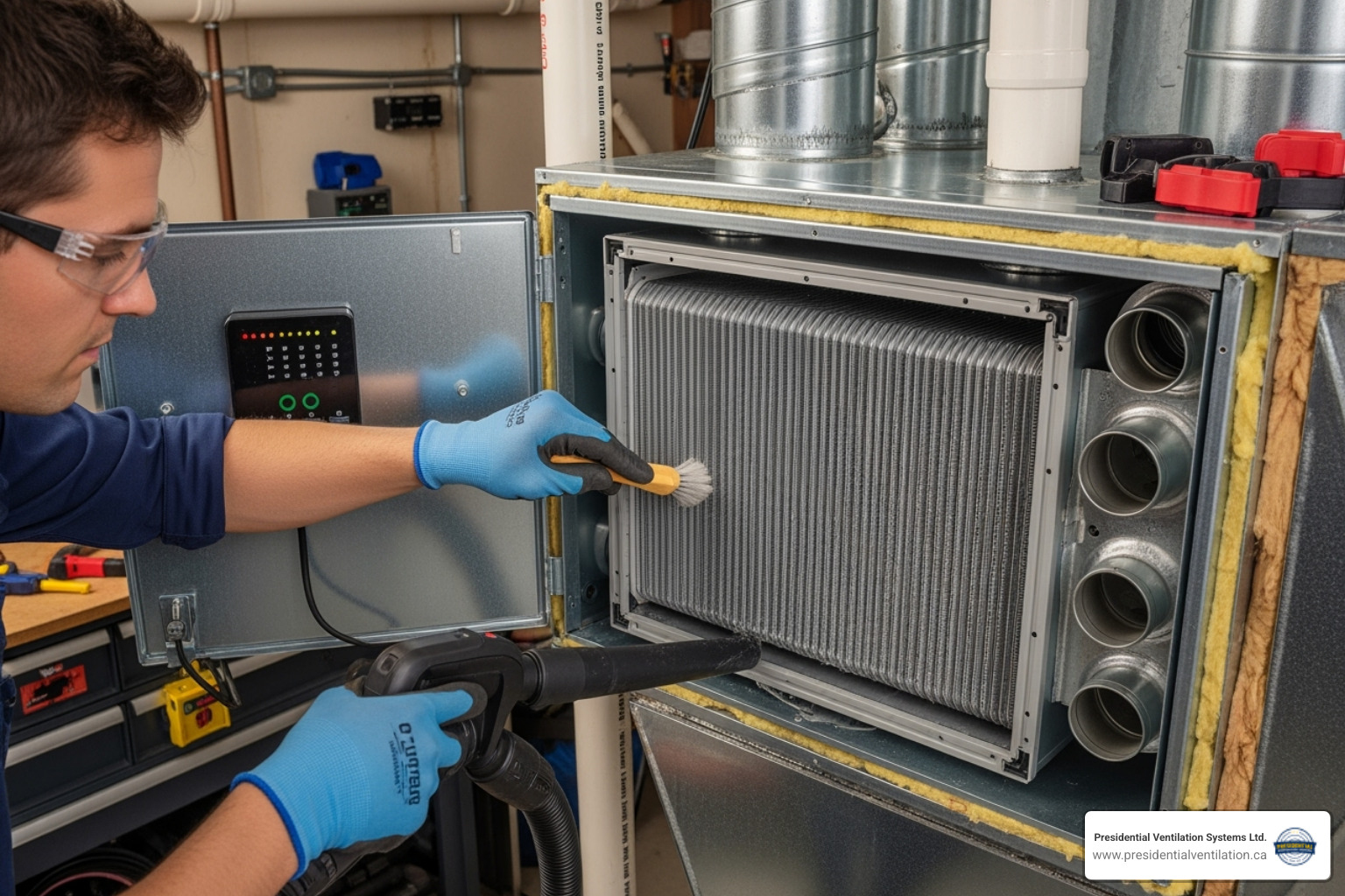 Technician cleaning the HRV core unit itself - HRV duct cleaning
