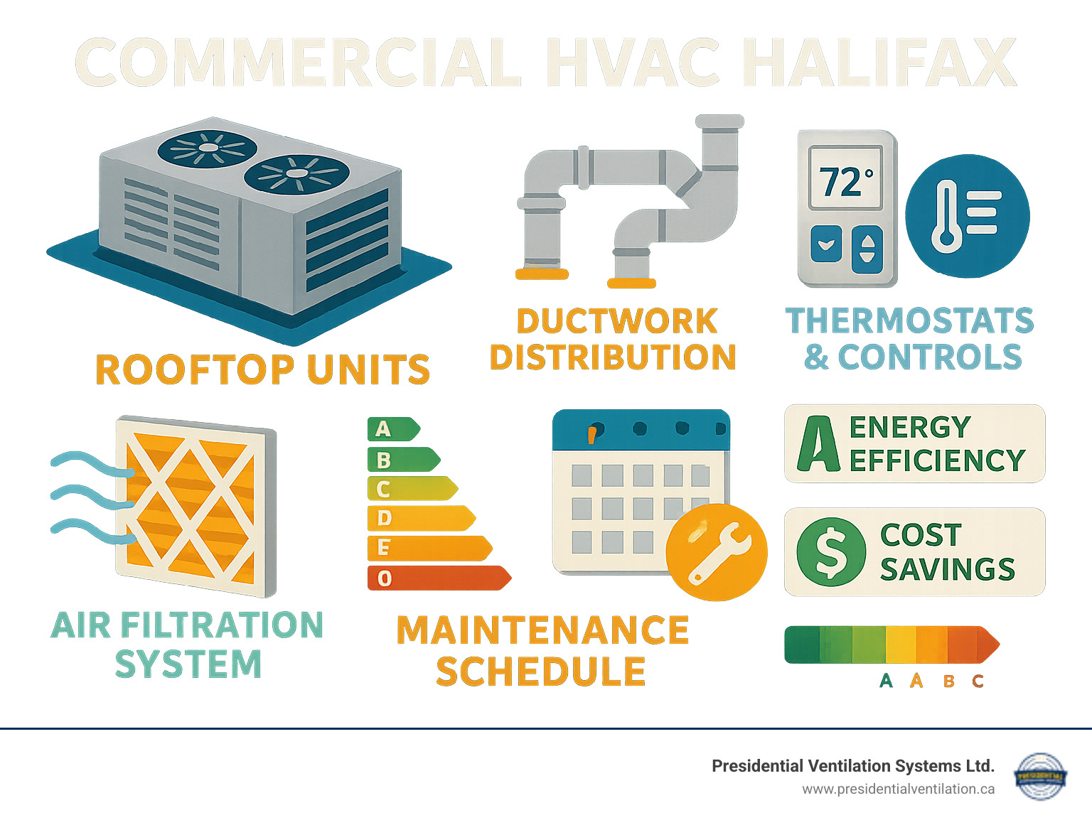 Infographic showing the key components of a commercial HVAC system including rooftop units, ductwork distribution, thermostats and controls, air filtration systems, and maintenance schedules with energy efficiency ratings and cost savings potential - commercial hvac halifax infographic 
